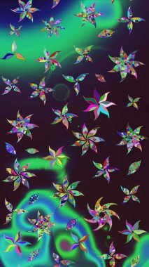 Raster illüstrasyonu. Çiçekli karalama şeklinde Raster çiçek deseni. Kahverengi ve yeşil renklerde yaz çiçekleri.