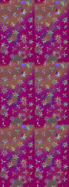 Raster illüstrasyonu. Mor ve kahverengi renkli Asya tekstili. Çiçek desenini çiz.