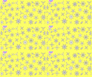 Renkli desenli eskiz deseni, sarı çiçekler ve dekoratif elementlerle. Raster illüstrasyonu. Kumaş, tekstil, duvar kağıdı baskısı için. Eskiz geçmişi. Antika retro tarzı.