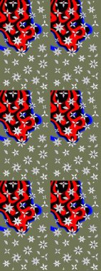 Yeşil ve kırmızı renklerde. Raster illüstrasyonu. Raster illüstrasyonundaki çiçek desenli çizim. Güzel kumaş deseni.