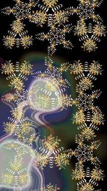 Renkli süs kenarı. Hint süsü. Çiçek duvar kağıdı. Siyah renklerde. Raster illüstrasyonu. Çizim deseni.