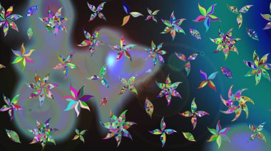 Şirin çiçekli eskiz deseni ve mavi renkli yapraklar, suluboya çiçek deseni, duvar kağıdı, kart veya kumaş için fayanslı. Raster illüstrasyonu.