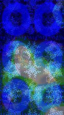 Mavi, yeşil ve gri kar taneleri. Renkler. Raster illüstrasyonu. Noel ve yeni yıl moda baskıları için tatil tasarımı. Kar tanelerinin soyut arkaplanlı Noel deseni.