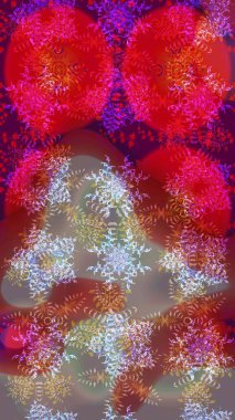 Kırmızı, kahverengi ve mor renkler. Kar tanelerinin soyut arkaplanlı Noel şablonu. Raster illüstrasyonu. Noel ve Yeni Yıl moda baskıları için tatil tasarımı.