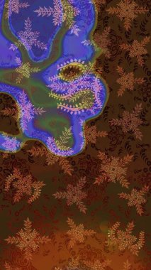 Raster illüstrasyonu. Renkli arka planda izole kar taneleri. Kış kar tanesi, raster arka plan. Yüzey için tekrarlanan doku, ambalaj kağıdı, kahverengi, mor ve mor renkler.