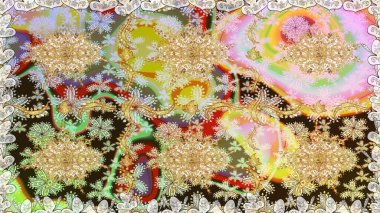 Raster illüstrasyonu. Kusursuz ortaçağ çiçek deseni. Tarafsız renklerde altın. Dekoratif simetri arabesk. Doğum günü, davetiye ya da afiş için tebrik kartı.