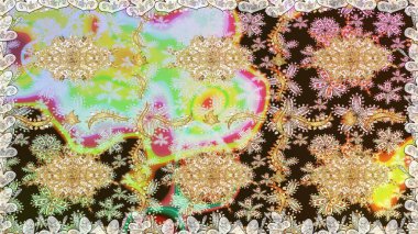 Tarafsız renklerde Royal retro. Altın şablon. Kart, duvar kağıdı, ambalaj ve tekstil için klasik tasarım. Raster illüstrasyonu. Klasik çiçek dokusu. Kusursuz desenli altın elementler.