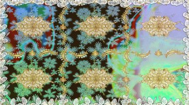 Raster soyut çiçek çelengi altın karalama fantezi yaprakları ve tarafsız renklerde çiçek. El yapımı dekoratif çerçeve, albüm kapağı, tebrik kartı, klasik Art deco tarzı.