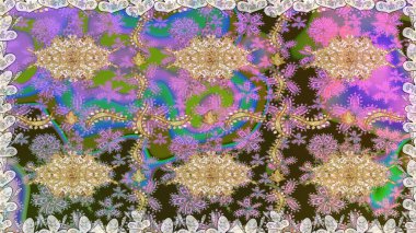 Süslü dekorasyon. Damask altın soyut çiçek nötr renklerde pürüzsüz desen. Raster illüstrasyonu.