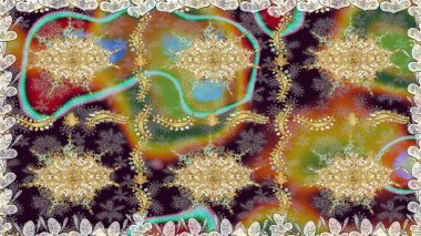 Kahverengi renklerde altın element. Damask arkaplanı tekerrür ediyor. Antika altın tekrarlanabilir duvar kağıdı. Barok tarzında altın çiçek süsü..