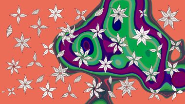 Çiçekli yumuşak bir eskiz şekli. Raster çiçekleri klasik tarzda çizilmiş. Turuncu ve yeşil renklerde bahar çiçekleri. Raster illüstrasyonu.