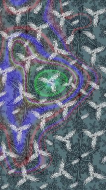 Tarafsız, tarafsız. 1950-1960 motifleri. El çizimi çiçek unsurları olan soyut çizim raster deseni. Çiçekli ipek eşarp. Retro tekstil tasarım koleksiyonu.