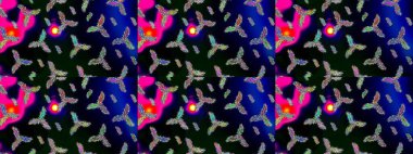 Raster illüstrasyonu. Kar tanelerinin soyut arkaplanlı Noel şablonu. Noel ve yeni yıl moda baskıları için tatil tasarımı. Siyah, mavi ve mor kar taneleri..