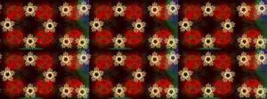 Kahverengi, kırmızı ve siyah kar taneleri. Kar tanelerinin soyut arkaplanlı Noel şablonu. Noel ve yeni yıl moda baskıları için tatil tasarımı. Raster illüstrasyonu.