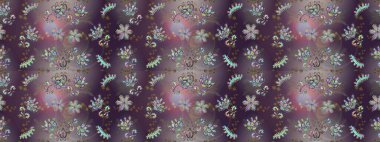 Raster. Kahverengi, gri ve mor renkli güzel çiçeklerle kusursuz desen, suluboya çiçek deseni, duvar kağıdı, kart veya kumaş için fayanslı.