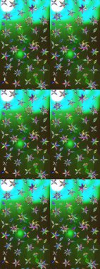 Raster illüstrasyonu. Şirin çiçekli eskiz deseni ve yeşil ve gri renkli yapraklar, suluboya çiçek deseni, duvar kağıdı, kart veya kumaş için fayanslı.