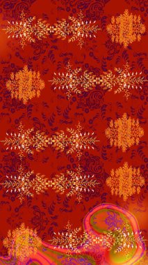 Noel ve yeni yıl moda baskıları için tatil tasarımı. Raster illüstrasyonu. Kırmızı, turuncu ve mor renkler. Kar tanelerinin soyut arkaplanlı Noel deseni.