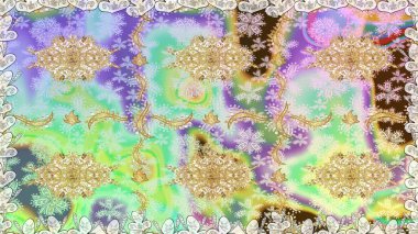 Damask arkaplanı. Altın çiçekli, pürüzsüz desen. Barok tarzında altın çiçekli süs. Tarafsız renklerdeki altın element.