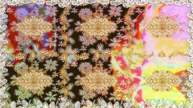 Klasik klasik klasik arka plan. Kahverengi renklerde, altın elementlerle kusursuz desen. Geleneksel oryantasyon süsü. Raster illüstrasyonu. Kusursuz klasik raster altın desenli.