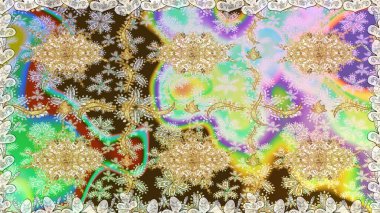 Geleneksel raster ve altın desen. Damask pürüzsüz süsü. Nötr renkler üzerinde klasik oryantal desen.