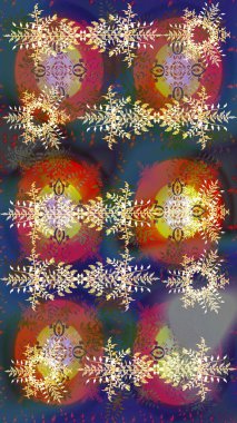 Kahverengi, mavi ve mor renkli kristal kar taneleri. Raster illüstrasyonu.