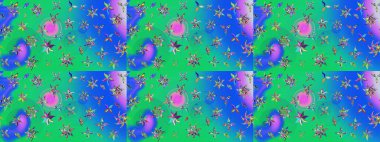 Mavi ve yeşil renkli çiçekler. Hediye ambalaj kağıdı, tebrik kartları, posterler ve pankart tasarımı. Raster düz çiçek çizim deseni.