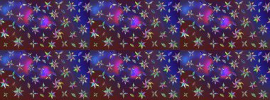 Raster illüstrasyonu. Çiçek desenli çizim. Düz Çiçek Elementleri Tasarımı. Mor ve mor renkli çiçekler. Renkli Bahar Teması eskiz kalıbı. Asya tekstil tarzında.