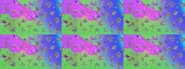 Raster illüstrasyonu. Mor ve yeşil renklerde. 3D çiçekler, çizim.