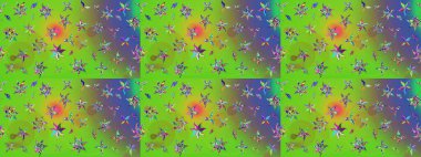 Raster çiçekleri klasik tarzda çizilmiş. Yumuşak, yeşil ve mor renkte bahar çiçekleri. Raster illüstrasyonu. Çiçekli yumuşak çizim deseni.