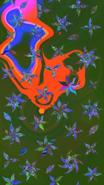 Yeşil ve turuncu renkli çiçekler. Raster Illustrasyon 'daki Çiçek Deseni' nin son moda çizimi. Düz Çiçek Elementleri Tasarımı. Renkli Yaz Teması çizim şablonu.