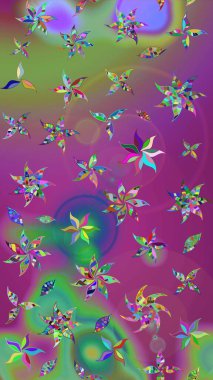 Raster illüstrasyonu. Küçük çiçekli yay deseni çiz. Suluboya tarzında mor ve yeşil renkler üzerine.