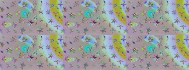 Raster Floral Illustration, Asyalı tekstil. Tarafsız ve gri renkte etnik çiçeklerle süslenmiş zarif bir eskiz..