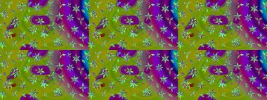 Asya tekstil tarzında. Yeşil ve mor renkli çiçekler. Raster illüstrasyonu. Raster illüstrasyonu. Çiçek desenini çiz.
