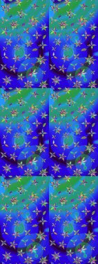 Raster deseni. Patlayan çiçekler soyut olarak yerleştirilmiş. Yumuşak, bahar çiçekleri mavi ve yeşil renklerde. Raster illüstrasyonu.