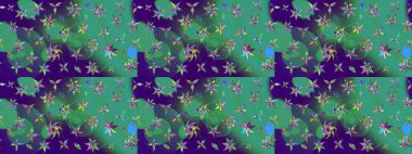 Mavi ve yeşil renklerde. Raster illüstrasyonu. 3D çiçekler, çizim.