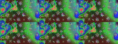 Ağaç dallı bahar çiçekli desen, çiçek siluetiyle yeşil ve mavi renkler. Raster deseni.