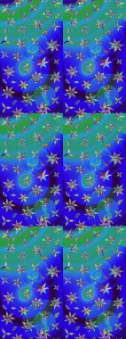 Parlak renkli fantezi çiçekleri, yapraklar, mavi ve yeşil renkli tomurcuklar. Suluboya el çizimi elementli çiçek çizimi deseni.