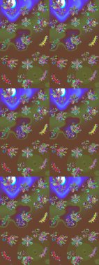 Raster illüstrasyonu. Kar tanelerinin soyut arkaplanlı Noel şablonu. Noel ve yeni yıl moda baskıları için tatil tasarımı. Kahverengi, yeşil ve mor kar taneleri.