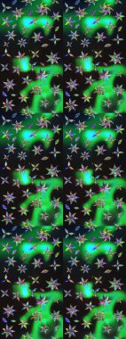 Çiçeksel elementlerle süslenmiş zarif raster dokusu. Küçük çiçekte hoş bir çiçek deseni var. Parlak çiçekli gri ve yeşil renkler üzerine soyut çizim deseni.