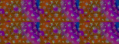 Küçük çiçekte güzel bir desen. Küçük renkli çiçekler. Motley illüstrasyonu. Moda baskıları için zarif bir şablon. Kahverengi ve mor çiçekli bahar çiçekleri.