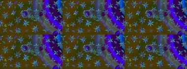 Raster. Kahverengi ve yeşil renkte güzel çiçekleri olan eskiz deseni, suluboya çiçek deseni, duvar kağıdı, kart veya kumaş için fayanslı..