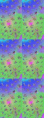 Raster suluboya çiçek deseni, narin çiçekler, yeşil ve menekşe çiçekleri, tebrik kartı şablonu. Raster Güzel kumaş deseni.