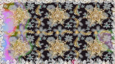 Altın elementli gri renkler. Kusursuz altın desenli bukleler. Doğu tarzı arabesk. Raster altın desen. Raster illüstrasyonu.