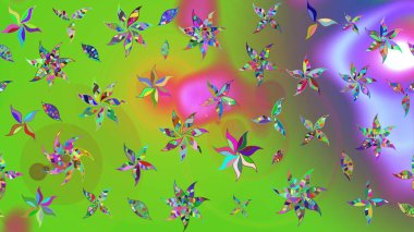 El çizimi, soyut ve süslü elementler. Suluboya resim taklit Raster çizimi. Yaz çiçekleri teması. Yeşil ve mor renkler. Klasik çiçekler..