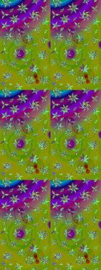 Yeşil ve mor renkli çiçekler. Düz Çiçek Elementleri Tasarımı. Raster illüstrasyonundaki çiçek desenli çizim. Renkli Bahar Teması çizim şablonu.