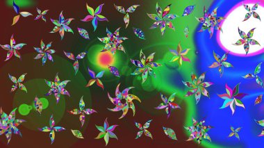 Gömlek baskısı için çiçek boyası. Yeşil ve mavi renkte çiçekler. Çiçek eskiz kalıbı geçmişi.