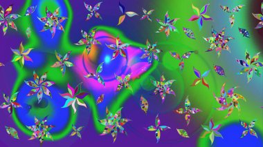 Raster Çiçek İllüstrasyonu güzel tekstil. Yeşil ve mavi renkli etnik çiçeklerle zarif bir eskiz deseni.