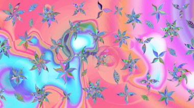 Raster illüstrasyonundaki çiçek desenli çizim. Suluboya tarzında pembe ve mavi renkte çiçekler.