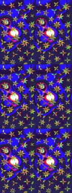 Mor ve mavi üzerine mor ve mavi. Retro tekstil tasarım koleksiyonu. 1950-1960 motifleri. El çizimi çiçek unsurları olan soyut çizim raster deseni. Çiçekli ipek eşarp..