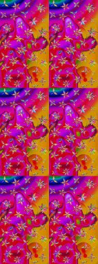 Düz Çiçek Elementleri Tasarımı. Çiçekli eskiz çizimi. Renkli Yaz Temalı eskiz kalıbı. Mor ve kırmızı renkte çiçekler.